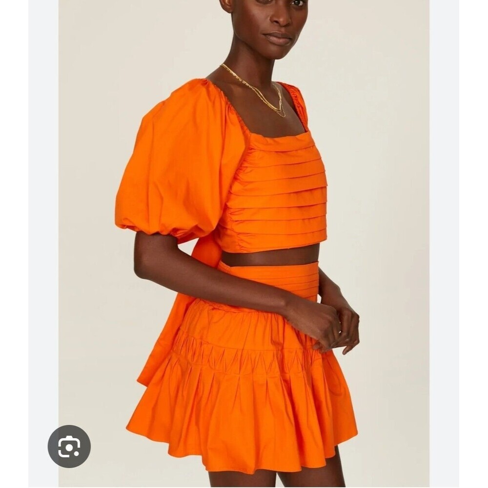 Ramy Brook Orange Set Off Shoulder Ruched Crop Top Tiered Mini Skirt SZ S/P